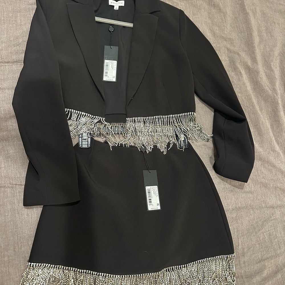 Gianni Bini Black Blazer Dress with Silver Fringe